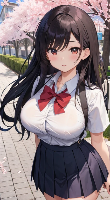 fox ears big breasts grumpy face black hair high school girl uniform Lift up the hem of your skirt and show your underwear