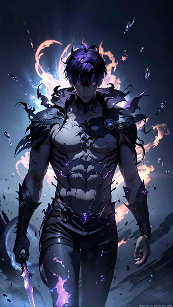 "Drawing of a male character floating in the universe, shirtless, with black pants and giant thorns, like the bright purple godzila thorns on his back, in an anime style. The eyes are dark blue, and the background features many stars and blue lighting."