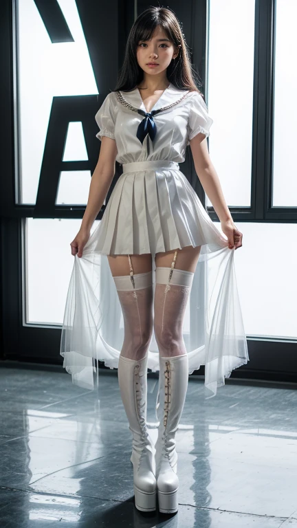 hyper detailed, (Masterpiece, top-quality), (Realistic, Photorealistic:1.4),, Beautiful illustration,, full body shot, fullbody focus, soft light, ultra high res, 8k, Masterpiece, , Beautiful illustration,Beautiful illustration, 8k, view the viewer, (full body:1.5),front view,,1girl,14yo,, very cute girl, erotic face,,sexy body, ,cosplay,( Brown long hair), bangs, (Brown eyes:1.5), Beautiful white skin, beautiful breasts, , ,Beautiful (huge boob1.5), Beautiful fingers, Beautiful hands, Beautiful feet, Beautiful legs, (high resolution detail of human skin texture),,,,, ,((white:1.5) ultra thin (sheer:1.5)short sleeves (sheer:1.5)sailor uniform,white ultra thin pleated ultra high cut micro (sheer:1.5)skirt:1.5)), white (fishnet knee high socks) legs, white pin high heels, ), ,),out door, open cafe, (standing ,shy smiling ,nose blush,, ), (wet body:0.9), , , (erect nipples1.1), (sheer:1.5)clothes, ,score_9, solo, , masterpiece,, ,, full body shot, full body focus,, , no panties, best quality, incredibly absurdres, bottomless and no panties, pussy,high detail eyes,
