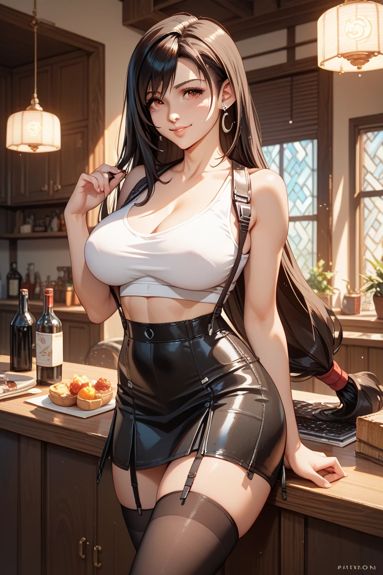 official art, unity 8k wallpaper, ultra detailed, beautiful and aesthetic, masterpiece, best quality, 1girl, extremely detailed, dynamic angle, cowboyshot, the most beautiful form of chaos, elegant, a brutalist designed, vivid colours, romanticism, by james jean, roby dwi antono, ross tran, francis bacon, michal mraz, adrian ghenie, petra cortright, gerhard richter, takato yamamoto, ashley wood, atmospheric. Tifa lockhart, long black hair, red eyes, hair bangs, (white tank top:1.5), white top, black miniskirt, suspenders, stockings, (huge breasts:1.5), cleavage, on a beach, sunshine, bokeh background, (red eyes:1.5)one girl, 1 girl, thin waist, wide hips, exposed abdomen, toned abs, toned arms, close up