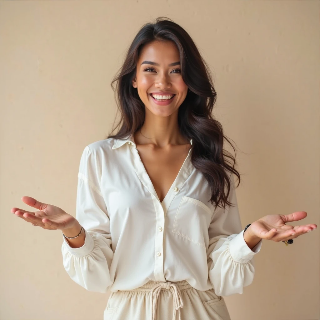 Long haired girl, black, straight, smile, White teeth, clean eyes, beautiful, sweet, Pakistani ethnicity, the pose of both hands holding glasses on the head, city center location.