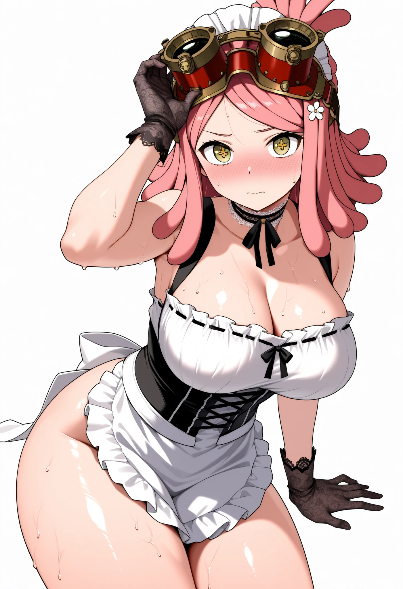 RanmaChan, Red hair, Braided hair, blue eyes, detailed eyes, whole body, lindosexyrobutts, tight black blouse, black crop top, exposed navel, clothing attached to the body, Tanga sexy, sexy stockings, 【Costume】【cosplay】White Dress of Albedo (Overlord), white thong, big neckline, lift