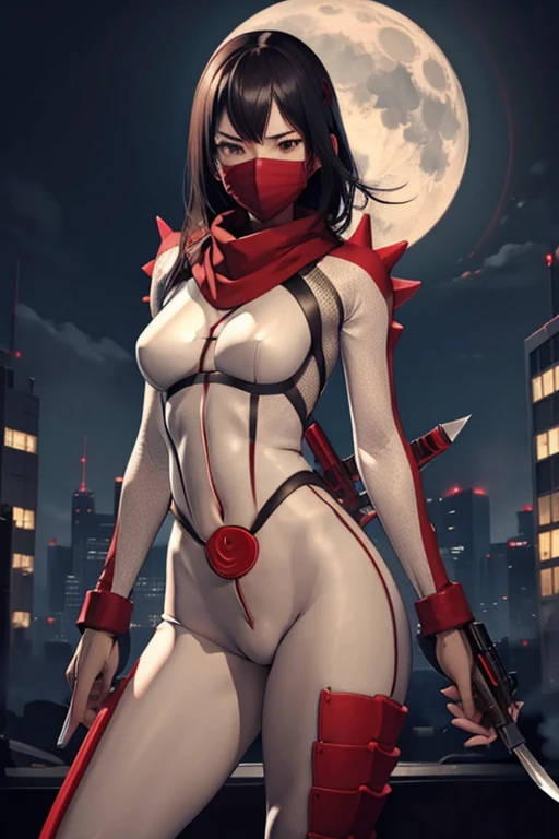 juri han, with red may, long black tights,with red high heels, sexy look,beautiful bright purple eyes, standing looking forward,olhar serio pose sexy,city at night with neom