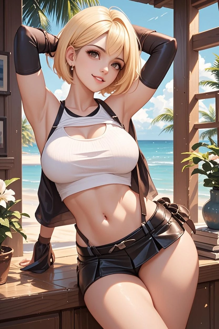 Fille sexy, gros sein, roof of a hotel, coucher de soleil, seductive, chemise blanche, cheveux blonds, yeux bleus, detailed eyes, sablier _forme du corps, ultra detailed, 4K ultra HD, souriante, sourire coquin, rougit, bijoux, bikini,