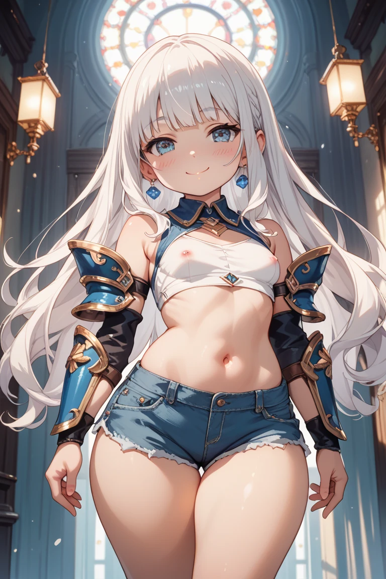 Highest quality, masterpiece, Intricate details, One woman, Age 25, Mature Woman, Cinematic lighting、Female Warrior Paladin、Platinum armor with beautiful and delicate floral embroidery.、Severely Damaged Armor:1.5、Low-rise skirt、Polka dot micro panties:1.5, slim、sweaty skin, squatting:1.2, legs spread:1.4, imprisoned in prison、Chained、Angry face、Sweaty、blush、whole body、Eyes from below、