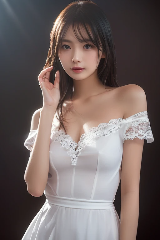 best quality,masterpiece,extremely detailed,high res,4k,ultra high res,detailed shadow,ultra realistic,realistic,dramatic lighting,1girl,solo,detailed face,realistic eyes,realistic skin,white dress,black hair,dynamic pose, white lace dress, full body till her legs, standing in a different pose, playing with her hair, back facing the camera