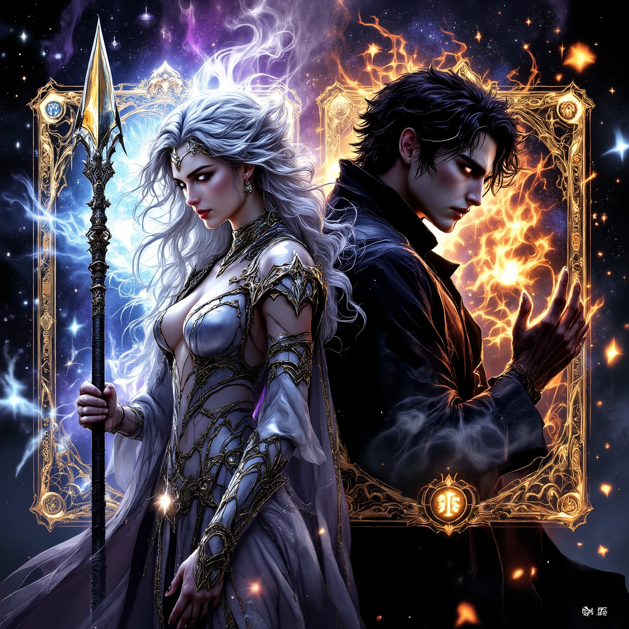 A pair of legendary anime characters posed in a dramatic JoJo-style stance, standing back-to-back. They are illustrated as rare collectible trading cards — each one enclosed in a glowing holographic frame with shimmering celestial patterns. One card represents a divine goddess-like figure with flowing silvery hair, wearing ornate Valkyrie armor and wielding a radiant spear. The other card showcases a brooding, mysterious figure with a long coat, ethereal flames surrounding his hands, and a melancholic gaze filled with unspoken love.
The background is cosmic and mystical, with card stats, runes, and power symbols glowing faintly. The title reads “The Lovers – Limited Collector’s Edition.” Both characters exude emotional intensity, as if their fates are eternally intertwined through time, battle, and heartbreak.
Highly detailed anime style, soft glowing effects, dramatic lighting, vivid color palette with purples, golds, and blues. The atmosphere blends fantasy, elegance, and tragic romance. Masterpiece, high-quality, high detail, ultra-detailed, complex texture, details, 32k