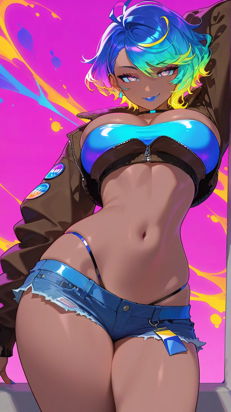Vibrant colors、((masterpiece)))、(((top-quality)))、((ultra-detailliert))、(A hyper-realistic)、(highly detailed CGillustration)、Official art、CD cover、 art district、It will be、Mid summer、Stylish、glorious 1980s、Cool Beauty、Cochetti Gojo Beautiful woman without a watch、multicolored hair、Rock 'n' Roller、leather jackets、tight female solo、Perfect Angle、perfect-composition