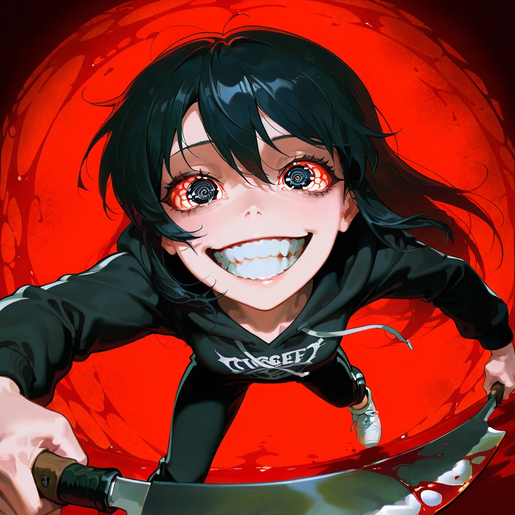 Man 17 years old Long black hair black and white sweatshirt with red electricity on his body with a manic smile