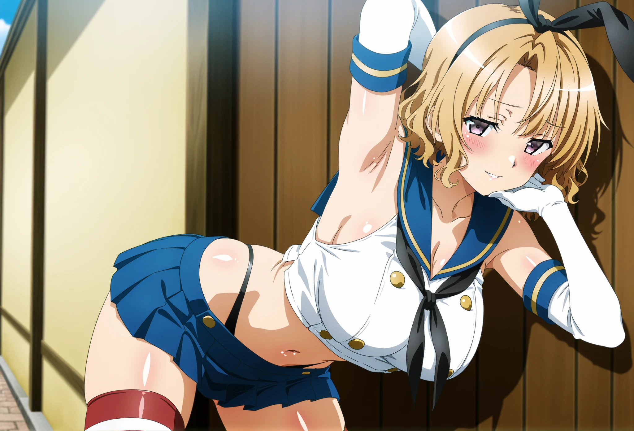 , (Spread your legs)、 (White panties), Female police officer, Blue Uniform、Mini Skirt Police、White shirt, sunny, Mature Woman, Anime Cel Style, Highest quality, High resolution, One Girl, (Large Breasts:1.2), Beautiful Face, Beautiful fingers, Beautiful long legs, Beautiful body, Beautiful Nose, Beautiful character design, blonde, bangs, blue eyes, Show Viewer, Cowboy Shot, blush、Embarrassed look、Nipples are visible、 