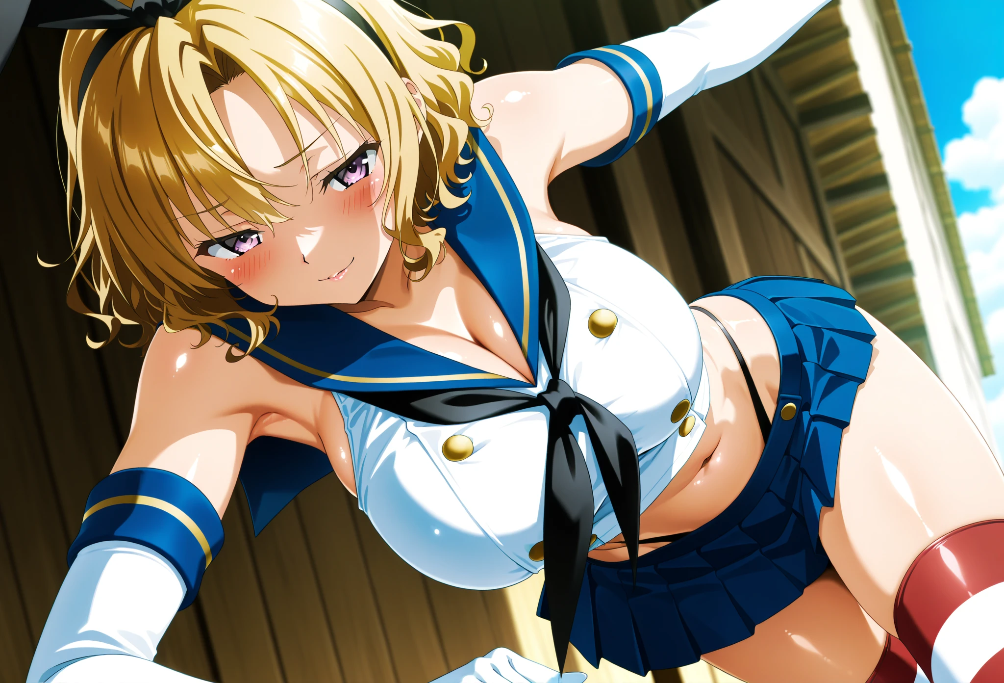 hayasaka,blonde hair, blue eyes, 1 girl,alone, hair between eyes, (tube top, cleavage, underbust, purple tube top, strapless, belly button, midriff, mini skirt, bare shoulders, detachable sleeves, white knee socks),
beautiful Finger,beautiful long legs,Beautiful body,beautiful character design, perfect eyes, Perfect face,expressive eyes, looking at the viewer, Appear on knees,sexy pose,in the center of the image, official art,High Definition CG Unity, Perfect lit, bright_front_face_lit, (table top:1.0),(Highest_quality:1.0),4K,Super detailed, photograph, 8K, nffsw, High resolution, absurdes:1.2, kodak portrait 400, film grain, Lens flare, (lively_Farbe:1.2) (beautiful,medium breasts:1.4), (beautiful_face:1.3),(narrow_waist),