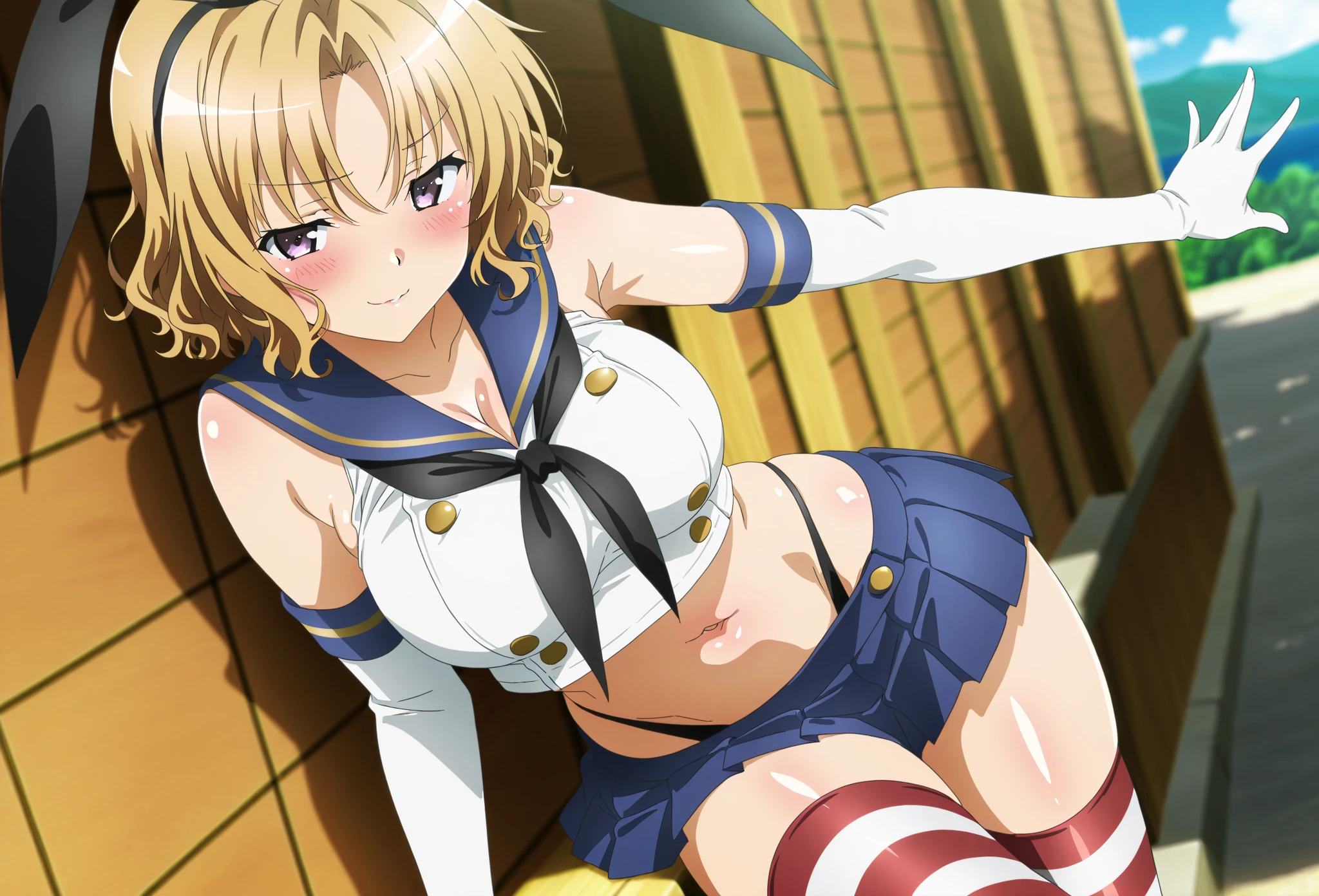 my hero academia、Himiko Toga、Super high quality、8K.1 person or less、blonde((alone, 1 girl)), shining eyes, big and full breasts, High resolution, best lighting, highly detailed illustrations, blush, embarrassing, smile, , Realistic white panties, crotch seam, Underwear details、detailed panties, Take-out、pantyhose, (((spread your legs))), crotch of dirty panties、white underwear、lace underwear、high school uniform、shirt、red ribbon、(((Navy blue miniskirt)))、Low - Angle、Pants are fully visible