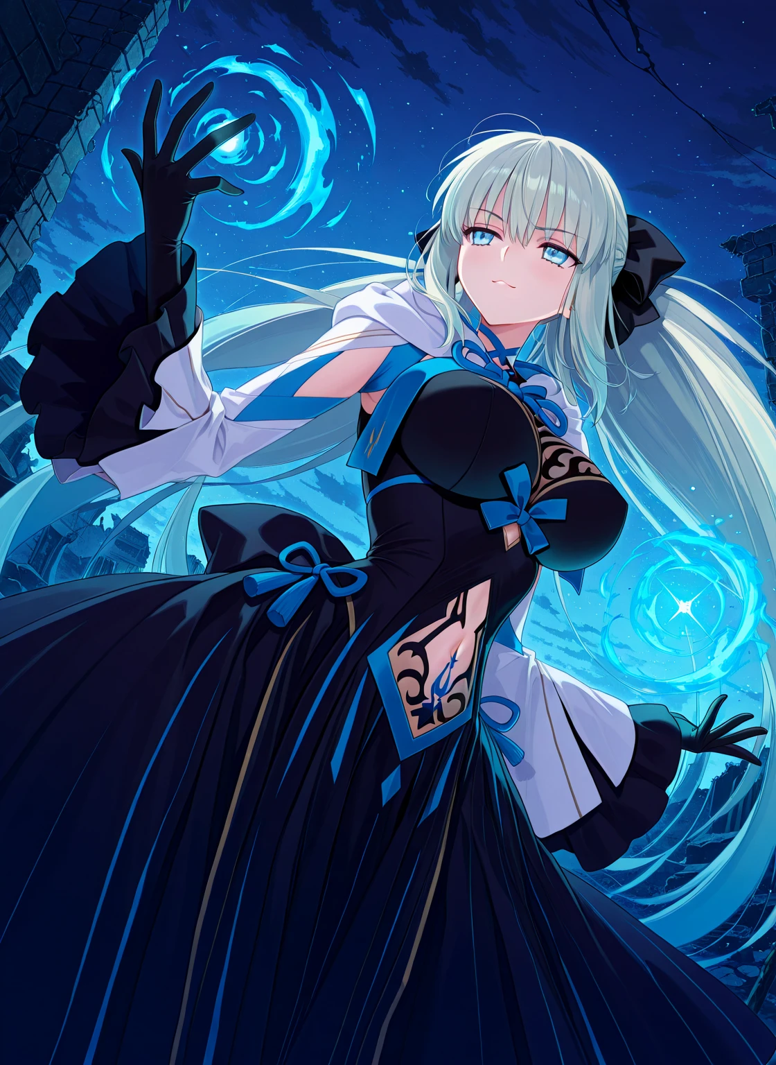 woman、ghost、Blue Skin、A flashy black outfit、Very long hair、Devil horns、White Background