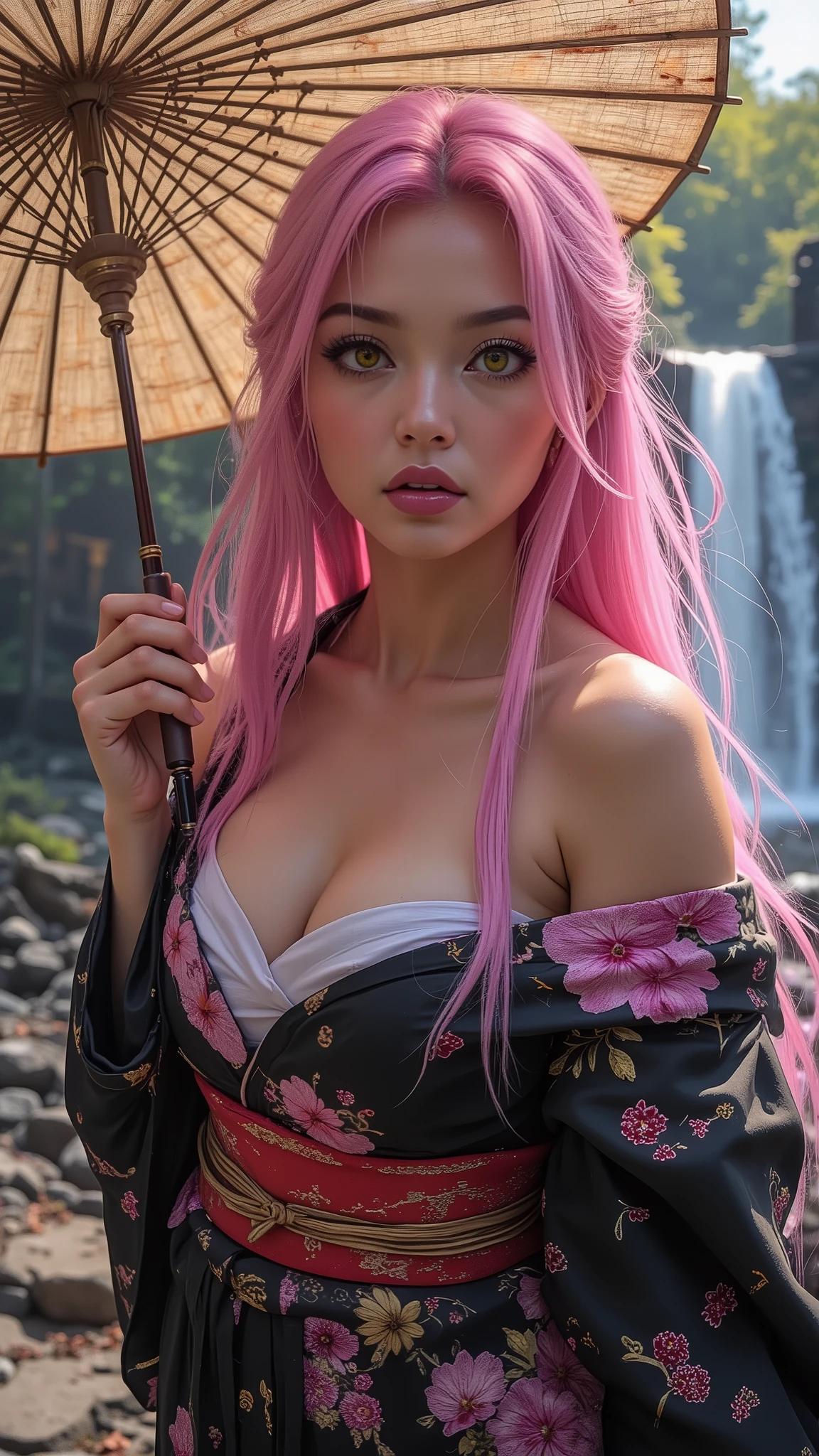 Mitsuri Kanroji, Demon Slayer, falda corta, escote, hermosa, obra maestra, perfecta, ojos hermosos, cabello rosa, pink hair, trenzas, two braids on the sides, dos trenzas, Japanese garden, sunny day, micro bikini, realista, fotografia, 4K, Nikon, 1.8f, textura en la piel, perfecta, cuerpo perfecto, cintura perfecta, retrato, staring into the camera, sonrojada, big breast, cleavege