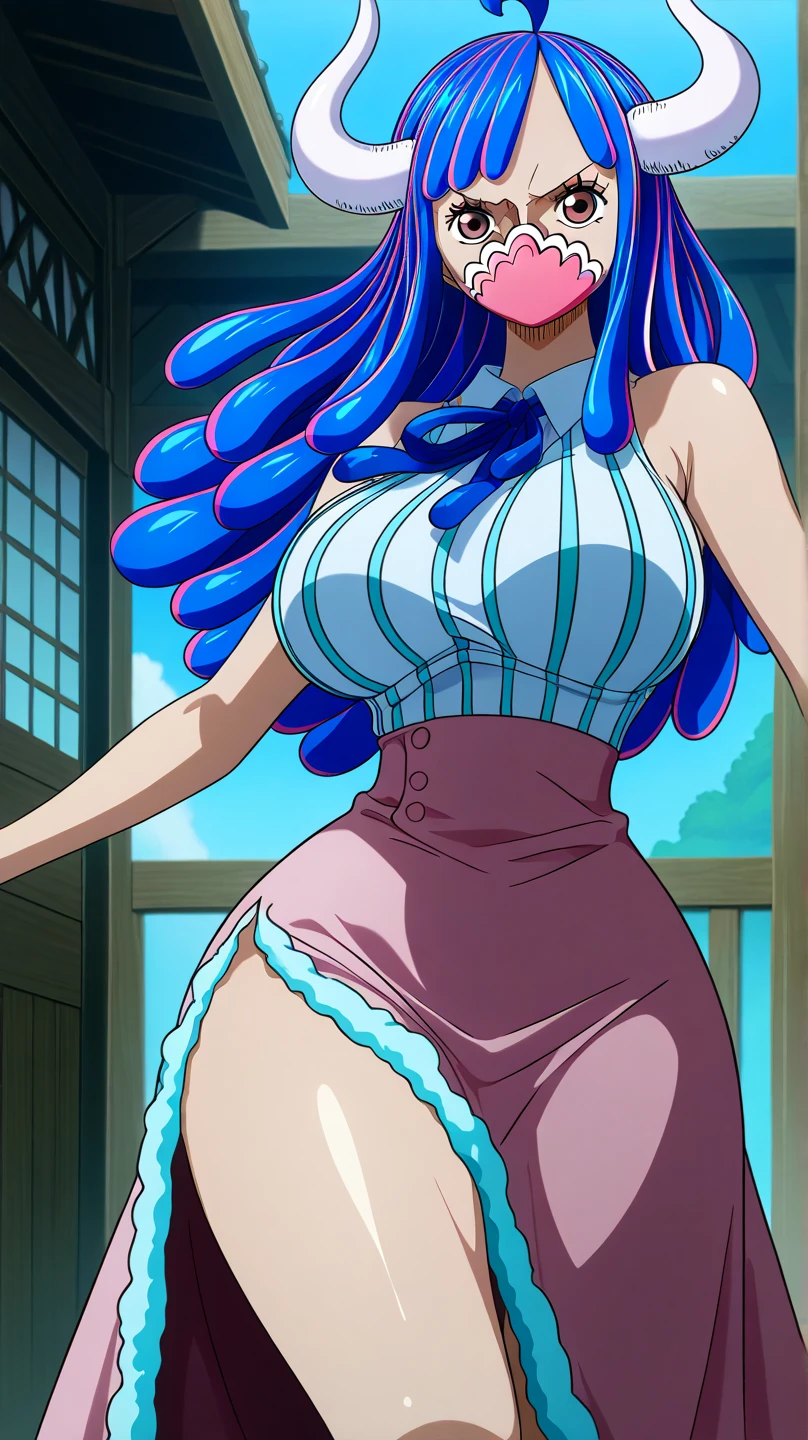 (Masterpiece, top quality, highly detailed, 16k anime high resolution, anime style, clean brush strokes, highly detailed, anatomically perfect body), ((Hayami)), solo, perfect face, beautiful smile , Beautiful detailed eyes, slightly droopy , Blue eyes, (blue hair, long hair, waves), Glamorous body, (Big breasts: 1.2), (Bra, lace, with frills), (High-leg panties, (pink), wide hips: 1.4, big butt: 1.4, high body, beautiful legs, (standing, front), facing the viewer, (city background), photo taken above the knees, taken from a low angle,