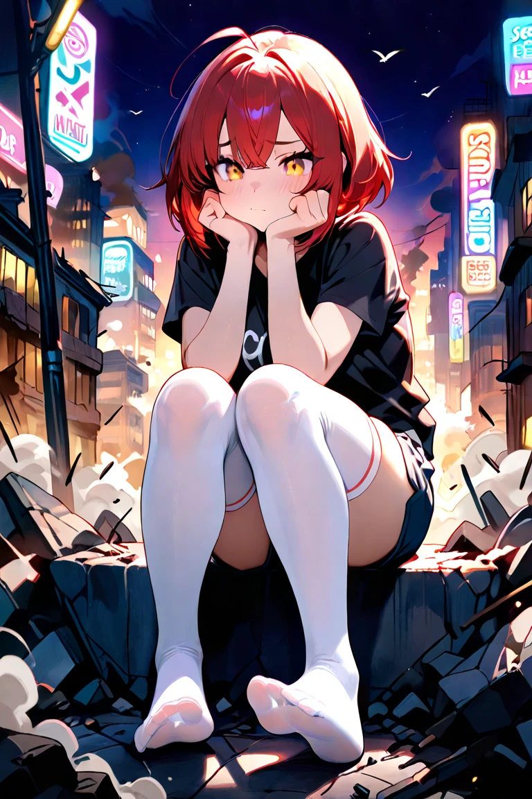 Arima etc., Arima Kana, (Red eyes:1.5), Long Hair,blush,happy smile, smile, Open your mouth,Redhead,Applejack Hat,Red Tank Top Shirt,Black hoodie,Short sleeve,The front is free,Shorts,Black knee socks,short boots,Looking up from below,whole bodyがイラストに入るように,morning,morning陽,The sun is rising,
break looking at viewer,whole body,
break outdoors, In town,Building district,
break (masterpiece:1.2), highest quality, High resolution, unity 8k wallpaper, (shape:0.8), (Beautiful and beautiful eyes:1.6), Highly detailed face, Perfect lighting, Highly detailed CG, (Perfect hands, Perfect Anatomy),