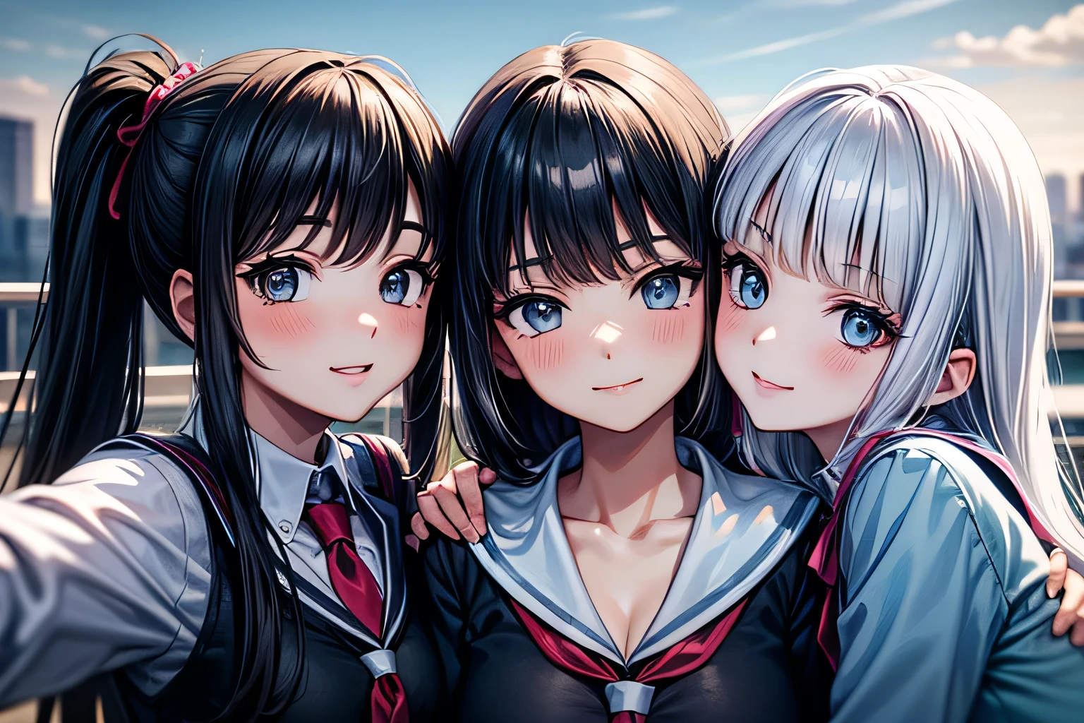 "Three 17 year old girls. The first has long yellow hair and green eyes.. The second has white Bob hair and blue eyes. The third has long red hair and red eyes.. The three are standing, wearing school uniforms. The background is a high school."