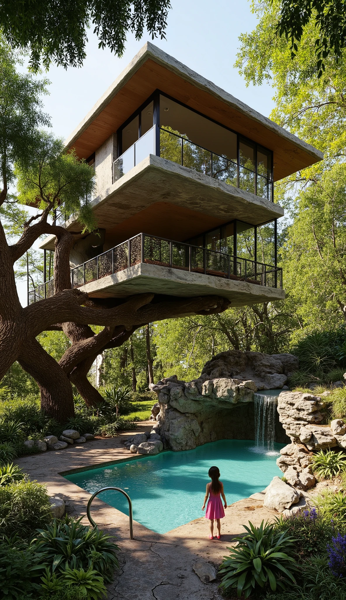 (巨大なtreehouseと豪邸ビルの融合:1.5),(巨木のレッドウッドの上にある巨大treehouse:1.5),(treehouse:1.5),(Modern 3-storey mansion standing on a giant tree:1.5)、There is a luxurious pool、(A waterfall cascades down from natural bedrock:1.5)、A girl is standing、(巨木のレッドウッドの上にある巨大treehouse:1.5)