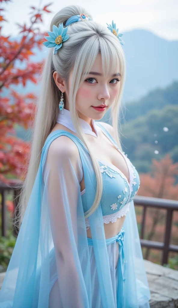 realistic, High resolution, 1 female, glowing skin, alone, wide lips,long hair,wavy hair, closed mouth, hip up,saggy breasts,small face,Anime character cosplay,Cosplayers,Costume costumes,A fantasy space like a forest,white hair,Color Contacts,model pose