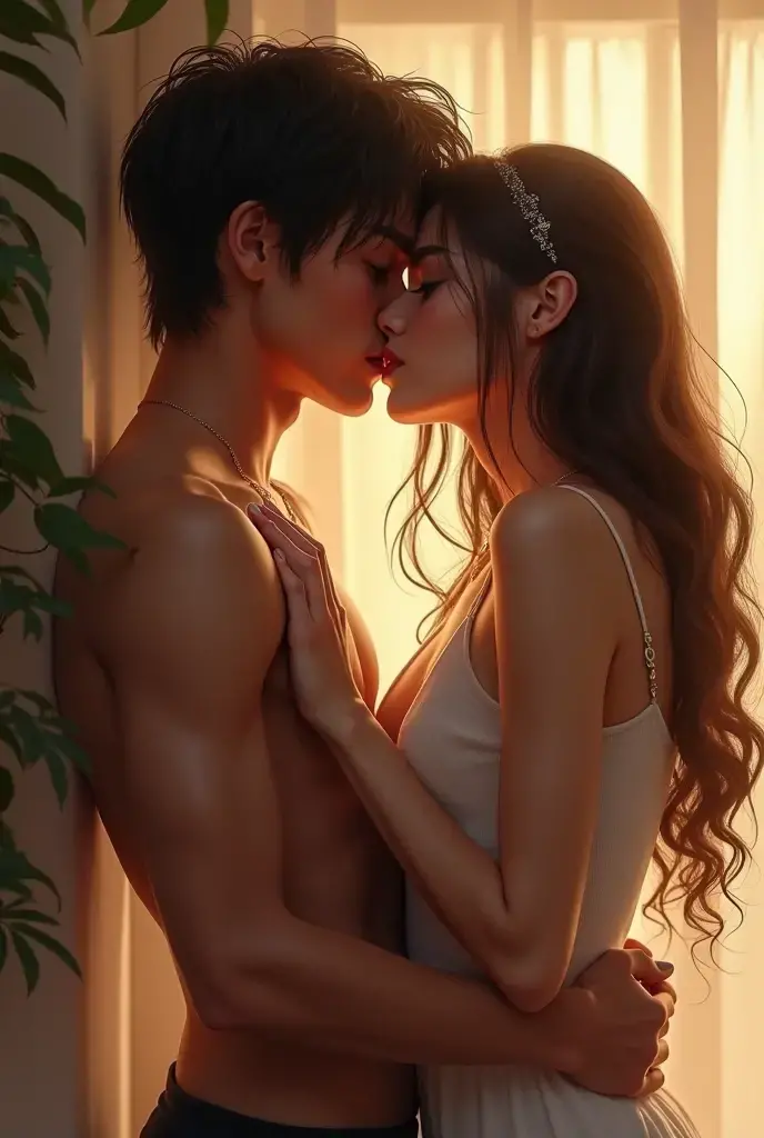 Young boy shirtless kissing and making out passionately with a woman wearing a saree leaning on windowsill, natural light, intense and intimate, lustful