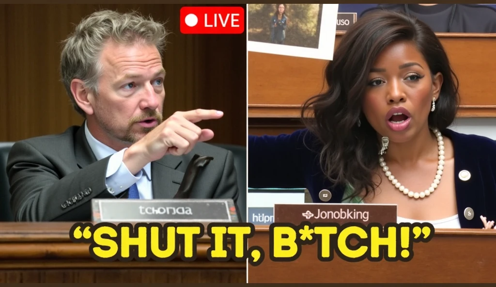 A black woman in a play on stage chubby with her l hair in a low bun  in a black  dress acting shocked while 5 black people in black clothes on stage point at her with their mouth covered while the  audience is around them with the words RING GAME on the screen 