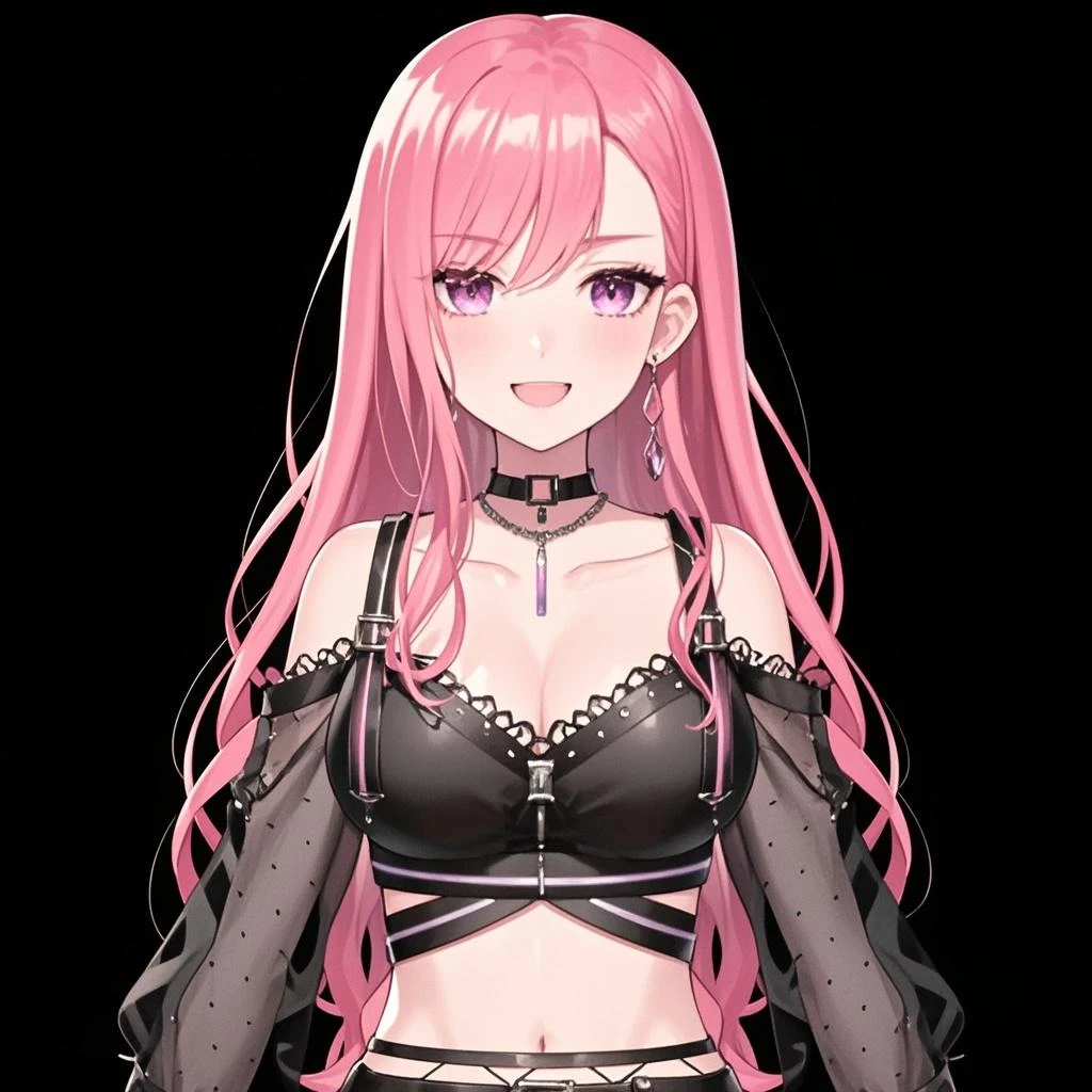 NeneEfthyVTXL, yellow eyes, hair covering one eye, long hair, pink hair, ahoge, collar, navel, black pads sleeves, collar with chain, black crop top, mesh, purple skirt, black skirt, skirt, square skirt, two tone skirt, half color skirt, thight mesh, purple thighhighs, black boots, solo, standing, looking at viewer, indoors