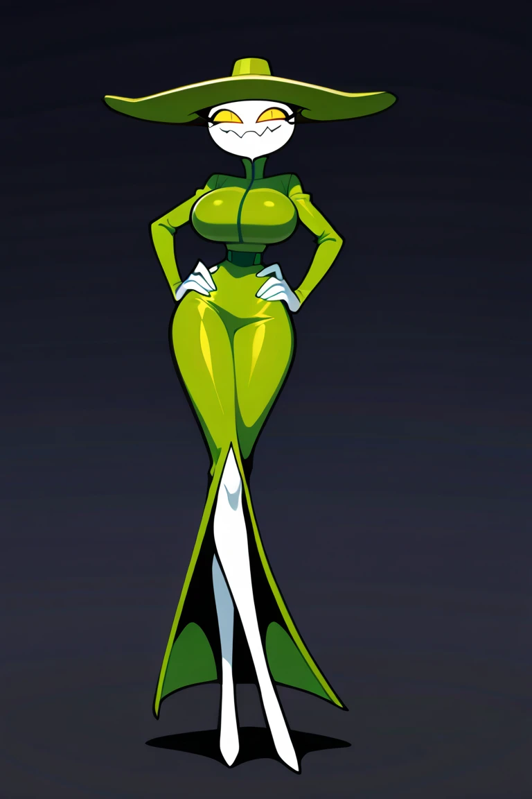 masutepiece, best_quality, 1girl in, Solo, gardevoir, creatures \(ty\), game freak, Nintendo, A pokémon, A pokémon \(game\), Bangs, Colored skin, female focus, Gen Okemon, Green hair, green skin, Hair over one eye, multiColored skin, A pokémon \(creature\), Red Eyes, Short hair, Two-tone skin, White skin,   leotard、huge tit