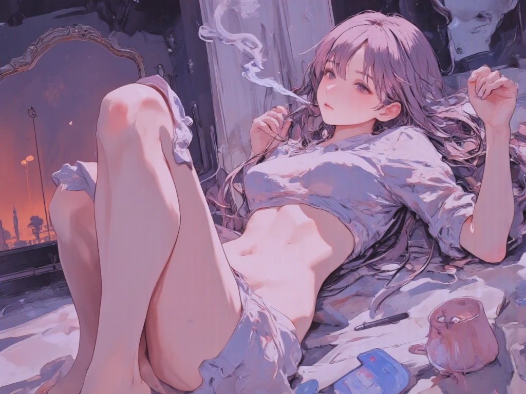 1girl,solo,cool,pink greige hair,long hair,cleavage,under wear,smoking,smoke a cigarette,on the bed