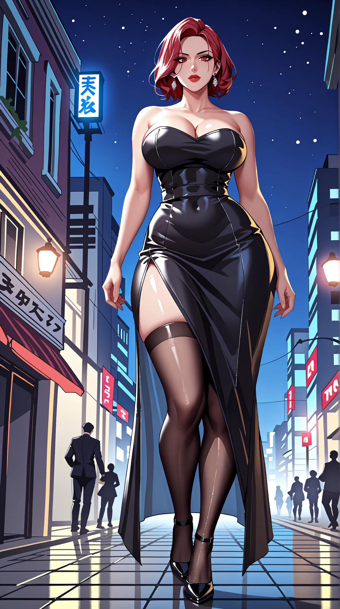 A woman milfs her hair She is tall and has purple eyes. She wears a short, tight red dress. She has very big breasts and a big butt. She walks on a sidewalk at night. A whistling light falls on her breasts.