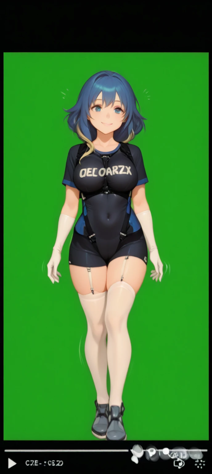 outside border, kajin (kajinman), bikini, watermark, paid reward available, looking at viewer, web address, patreon username, underwear, apex legends, long fingernails, sharp fingernails, drawstring, orange jacket, commentary, revealing clothes, skindentation, navel, blue nails, smile, blue bikini, nail polish, pink pupils, wattson (apex legends), panties, short hair, thighs, blonde hair, english commentary, thick thighs, small breasts, swimsuit, wide hips, white border, fingernails, cropped jacket, border, breasts apart, down jacket, ass visible through thighs, artist name