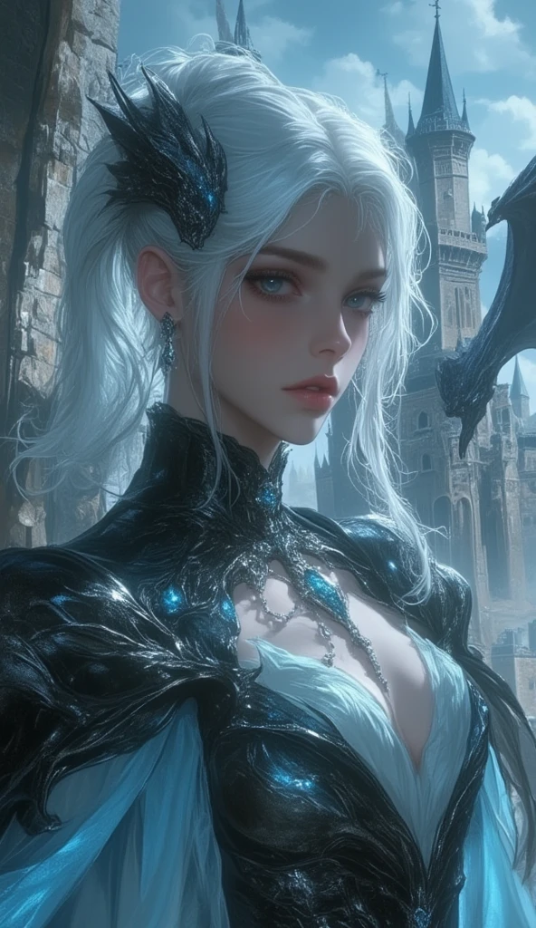 A dark-souled sorceress stands atop a mountain peak, casting spells to summon her army of elemental creatures. Her eyes glow with an eerie light as she chants ancient incantations, and the winds around her whip into a frenzy. ((Her hair is a lustrous silver and is braided into intricate patterns )) and she wears a flowing black robe adorned with a shimmering red gem in the center of her chest. In the distance, dark clouds gather and a storm approaches, ready to do her bidding.