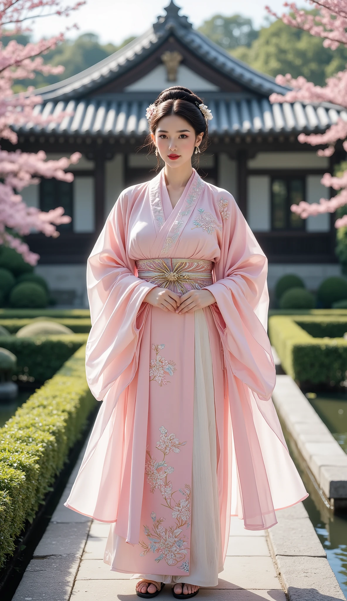 A plump muscle woman ( 34years old) standing gracefully happy vibes beauty smile in a traditional Japanese garden during cherry blossom season. She is wearing a soft pink floral kimono with elegant patterns and a matching obi belt in oiran style, big breast plump muscle boy, large breast curve body cleavage visible. Her hair is styled in an updo adorned with delicate pink flowers oiran style. She stands near a big stone path beside a narrow stream, surrounded by manicured bushes and blooming sakura trees. Traditional Japanese architecture is visible in the background under a bright, clear sky.
