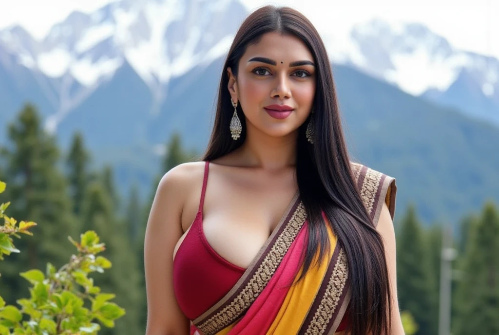 (masterpiece, best quality:1.2), ((((((solo)))))), ((((((1girl)))))), looking at viewer, hazel eyes, a smile on the face, royal and lusty look, standing posing like a professional model for a photoshoot, (((Huge Boobs))), perfect composition and light, hyper realistic skin texture, super background decorations detailed, 8k, high quality, trending art, trending on art station, photo, intricate details, highly detailed, ((((Cropped Breast Wear)))), (((Mountain View background)))), (((wearing a bright black and orange colour Saree with designs and patterns with sleeves))), ((((big sexy Hour Glass body shape)))), (((Mountain View background behind her))), (((Portrait Fashion Photo))), (((In a Mountain View with nature around her)))