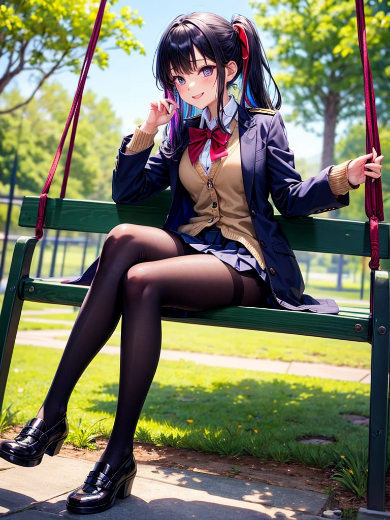 ​masterpiece, top-quality,  Detailed details, Detailed landscapes, beatiful lights, Beautiful Shadows, 1girl in, 18year old,Challenging look,a miniskirt,School uniform,look from down, detailed skin textures, Tyndall effect,sit on a bench,cross one's legs,