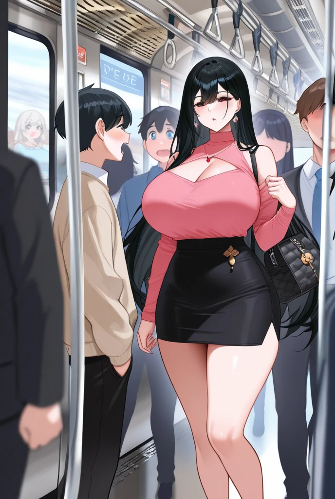 La mejor calidad, ultra-high-resolution, (fotorrealista:1.1), obra maestra, 1girl, (Pisceo:1.2), vestido ajustado, ropa ajustada, Mini falda sexy, SFW, realista, obra maestra, VERY crowded subway train interior detailed scenario, VERY crowded subway train interior detailed background, Standing incredibly hot (mujer 1) usyo minifalda sexy y 3/4 calcetines blancos, ((Grye)), ((muslos gruesos)), ((Lustful expression)), (expression of pleasure), ((cara sonrojada)), Very young man groping woman 1 from behind,(((A very young big man pressed his chest against the woman's back 1))) y (((holding her waist behind her)))NSFW