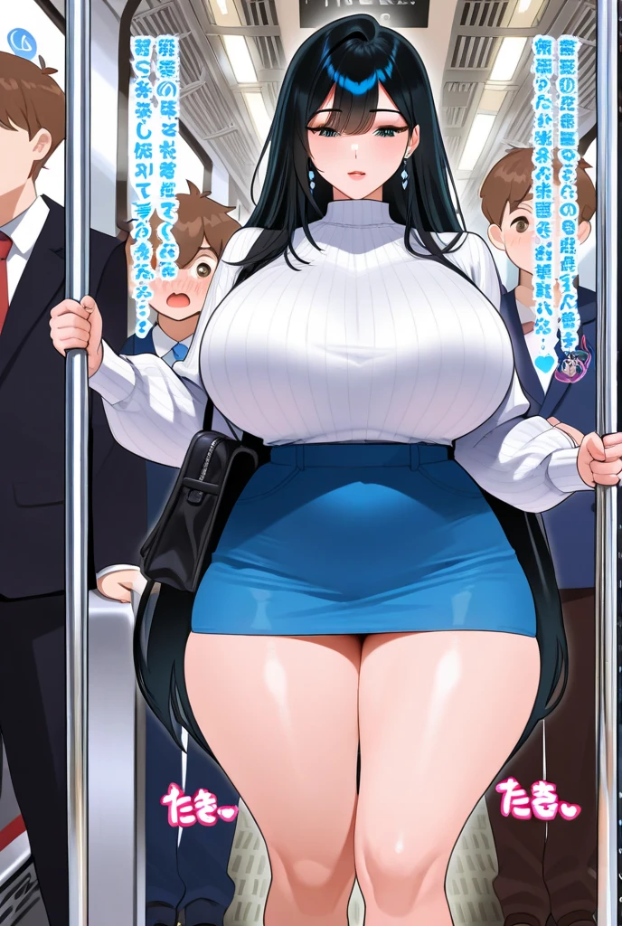 realistic anime art style,(tareme:1.3),(curvy body),black curly hair,(trembling:1.8),(flying heart shapes:1.5),(white sweater),(unpretentious mature woman standing upright in crowded train:1.2),(sweaty),nipple through,mature face,(anguish and blushed:1.1),look at viewer,(full body shot),orgasm,wet thighs