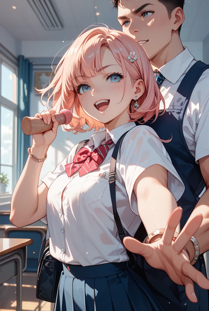 masterpiece, Highest quality, High resolution,(throw_hand grabbing chest),,One girl, One boy,Age difference,bow tie,Blonde,chest,Long Hair,Pink Hair,pleated skirt,Tucked in shirt,short hair,skirt,smile,Tent shirt,amusement_garden