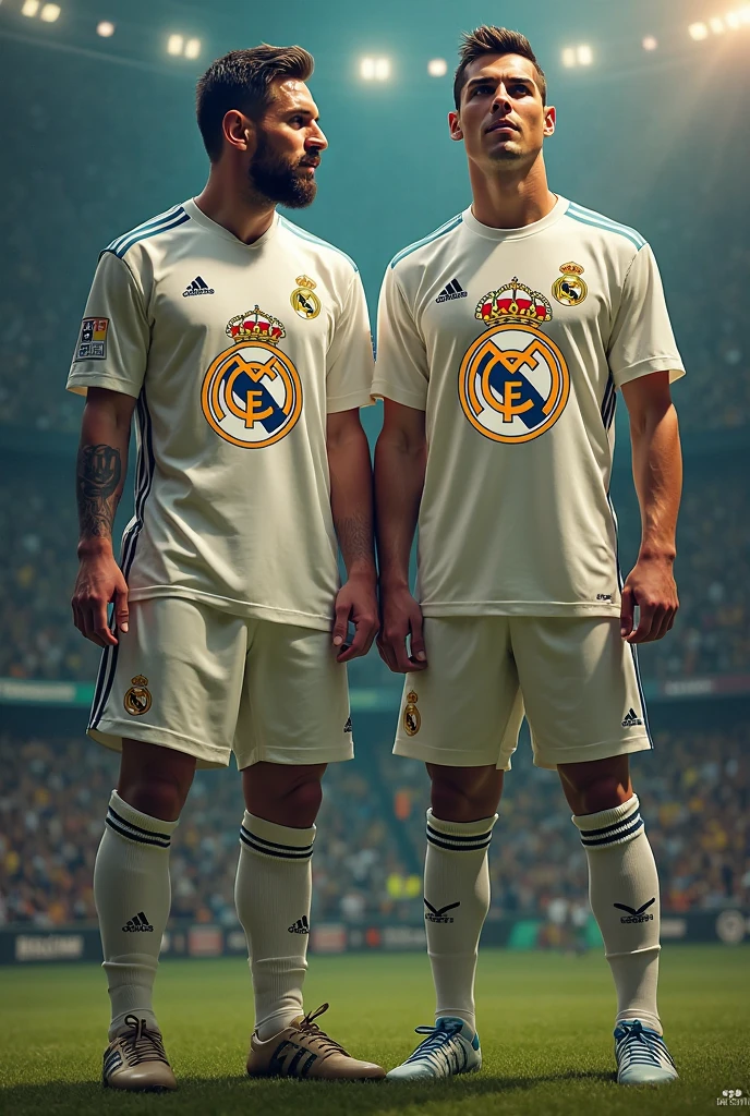 Ronaldo and Messi both in real madrid standing together 
