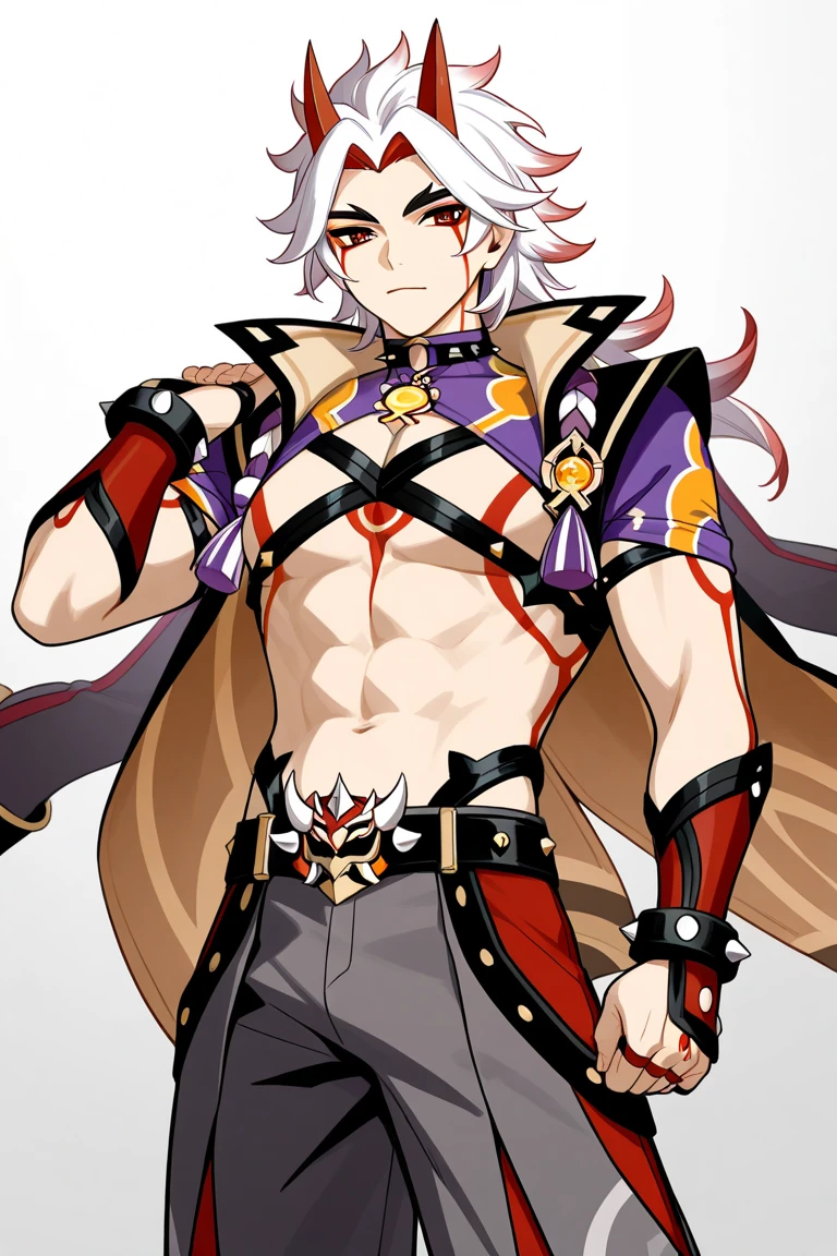 Young guy, short white hair, Cat's ears, red-eyes, The Clothes of the Idol, open torso, Tatoo, smirk, Masterpiece, hiquality