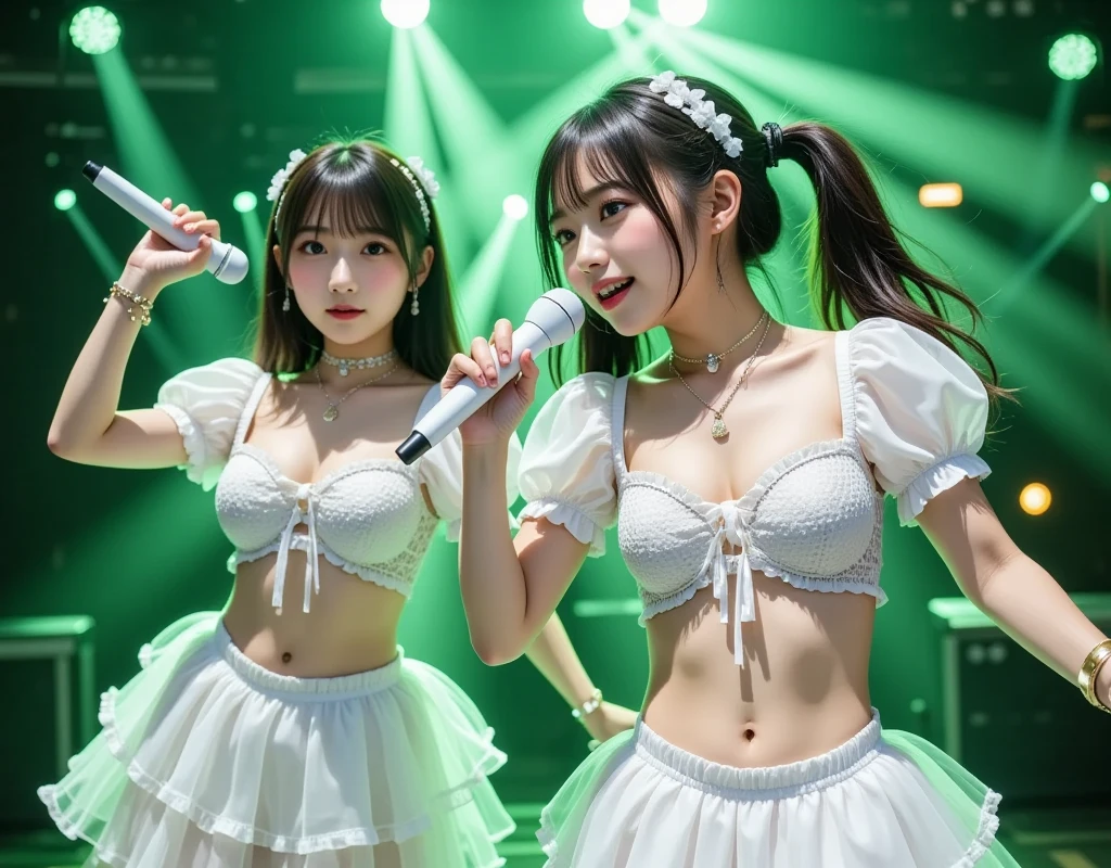 Highly detailed CG Unity 8k wallpaper、Highest quality、Ultra-detailed、masterpiece、Realistic、Photo realistic、A cute girl drawn in great detail、20-year-old、(Skirt rip)、(Roll up the skirt yourself))、White panties、Panty Focus、blush、Lips parted、Looking at the audience、Semi Body Shot、JAPANESE IDOL OUTFIT、stage、Showing panties、Waist、thigh