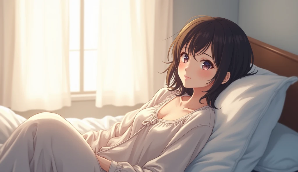 morning、Listening to music in the room、High school girl、Large Breasts、 Relax、White sweatshirt、Long hair、Using headphones, Bright environment、2D style animation, Low Fidelity、vintage、anime style illustration、Clear line drawings