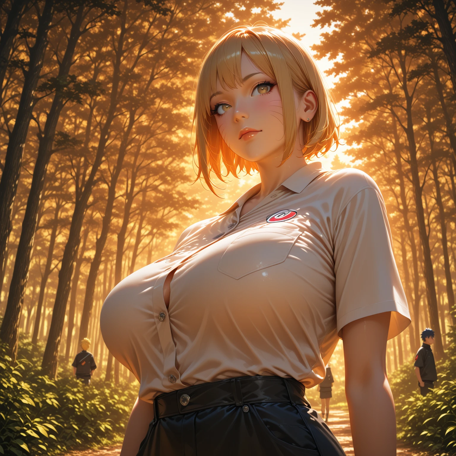 cleavage, masterpiece, best quality, ultra-detailed, brown jacket, long sleeves, thigh strap, white shirt, military uniform, belt, Black_pencil_skirt, pantyhose, thigh strap, thighs, blonde hair, green eyes, bangs, wavy short hair, (hair between eyes:1.3), forest background, volumetric lighting, intricate details, tonemapping, sharp focus, hyper detailed, trending on Artstation