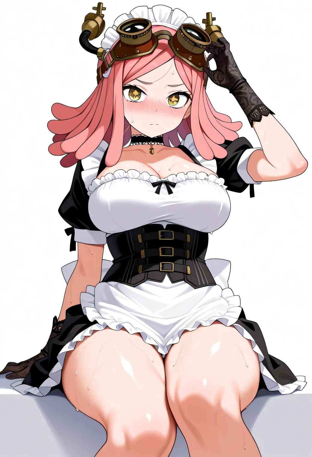 core_9, score_8_up, score_7_up, score_6_up, score_5_up, score_4_up, masterpiece, high quality, BREAK, 1girl,, 1girl, pink, sfw, white background, simple background, looking at viewer, nose blush, shiny legs, shiny body, shiny hair, clear skin, clear body, sweat, sweaty, sweaty:1.3, solo, thick thigh, thick thighs, solo, female, large breasts, mei hatsume, medium hair, pink hair, symbol-shaped pupils, yellow eyes, MeiHatsumeSDXL, goggles,goggles on head, wearing a detailed and elegant black and white French maid outfit with a frilly apron, low-cut corset top, and lace gloves.. Hair adorned with floral accessories and ribbons, wearing a decorative choker.,