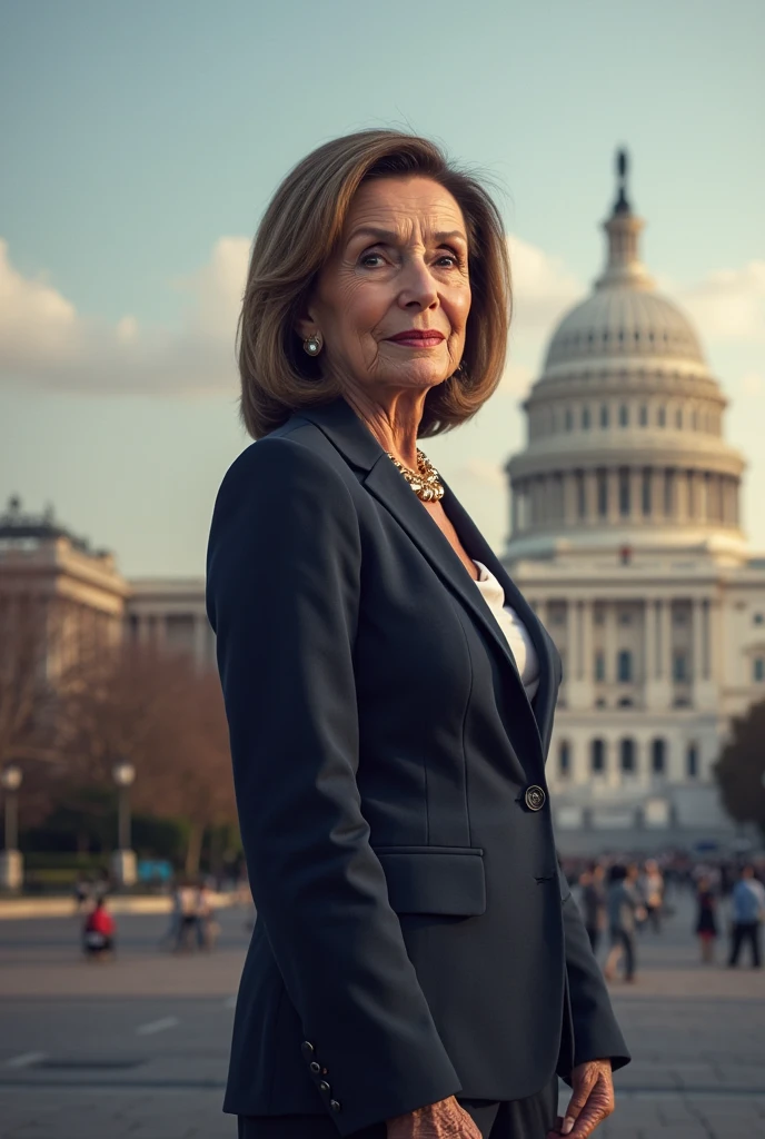 portrait photo of nancy pelosi as (female q4n0n5h4m4n:0.8), horns, patriotic facepaint, detailed face, hasselblad h6d-400c 1.4, outside washington dc