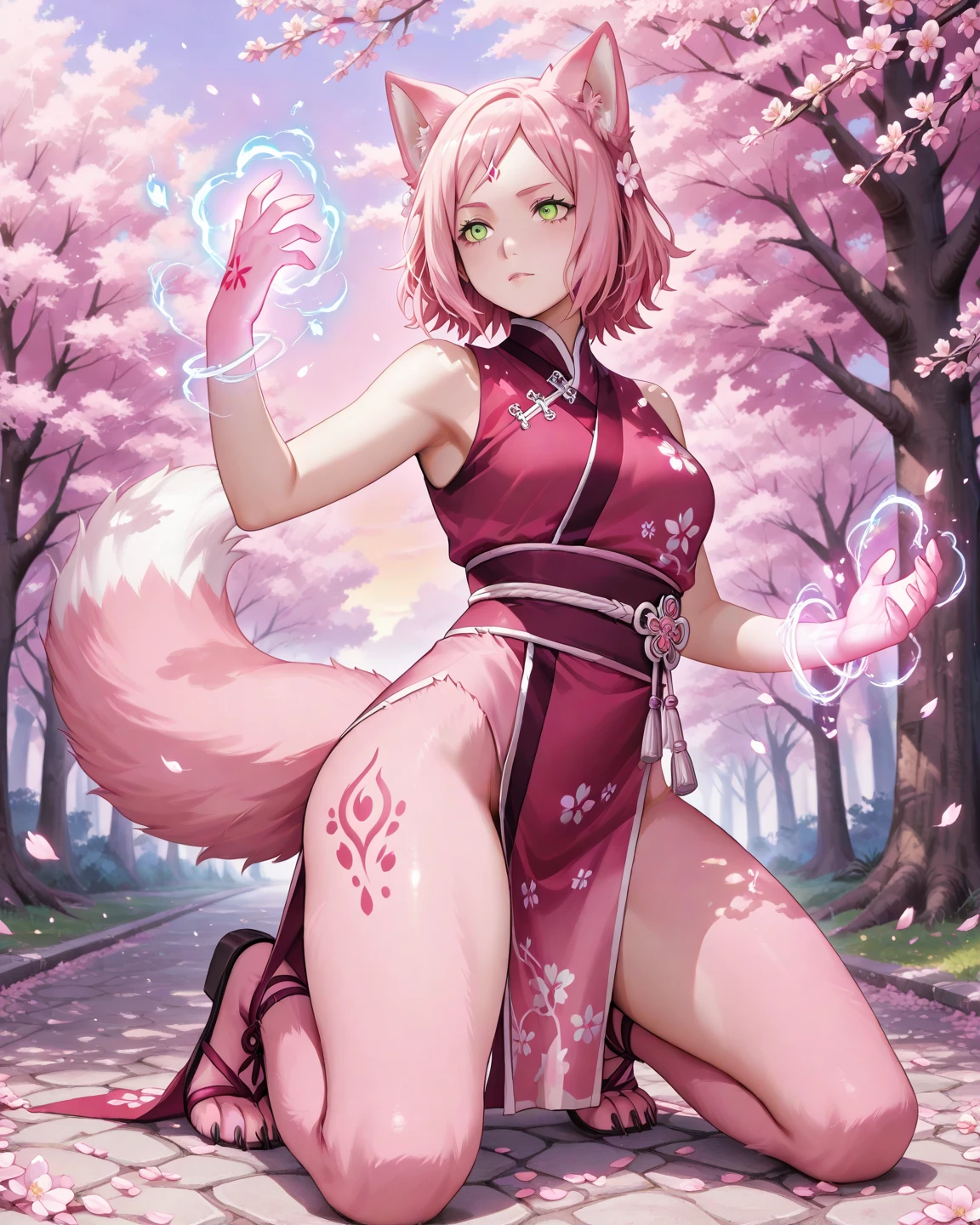 (masterpiece:1.2),ultra-detailed,hazy lighting, vibrant colors, glowing eyes, female kitsune with fluffy fox ears, has multiple fox tails, has flowing pink hair with blue highlights, wearing a black and pink sakura themed chinese dress, surrounded by cherry blossom petals, feint aura, off kilter pov, has bright yellow eyes. deep v neck, showing cleavage, posing comfortably, solo, alone, action pose (SOLO)(ALONE) has blue hair, wearing light makeup, wearing lipstick, waving and dancing