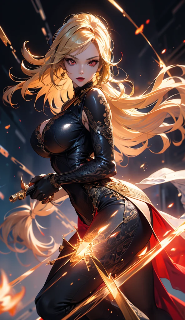 "Master quality, hdri, ultra-detailed 3D models, vibrant and contrasting color appreciation, dynamic and vibrant warrior character pose, realistic armor texture, flowing black hair with smooth details, well-defined and detailed weapons, epic battle scene with heavy rain, dramatic lighting and intense lights, amazing moving action, action-packed film photography style and emotion."
