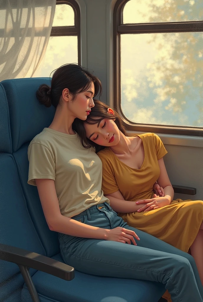 1 beautiful woman, 40-year-old lady, made-up face, black hair, black headband, hair tied in a bun, small earrings, striped blouse, neckline, formal gray pants, formal gray vest, big nails, made-up eyelids, cream handbag, asleep lying on the bus, eyes closed, mouth open.