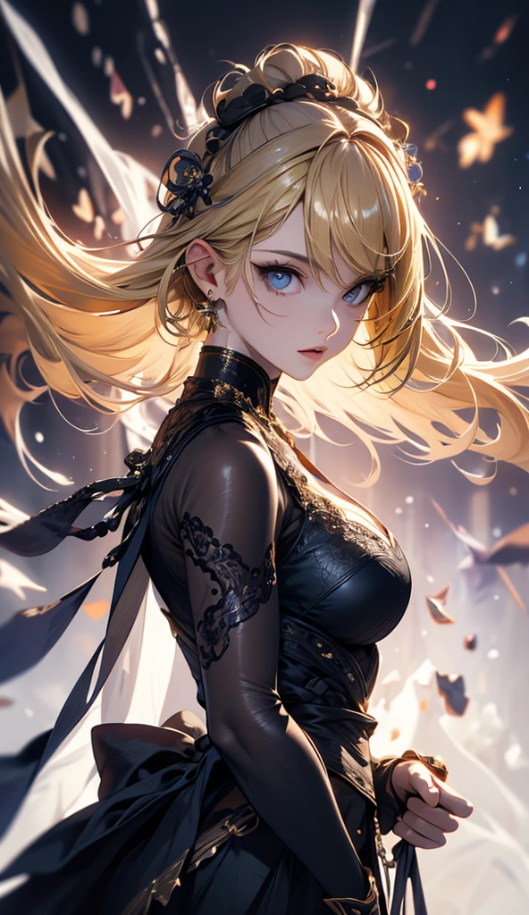 masterpiece, high quality, 4K, Beautiful design, silhouette，blonde， 非常に詳細な夜のStarry Sky,Flower Field， wonderful, Finer details,  Very knowledgeable woman, Highly detailed solo, 1 female,Big Breasts，Gothic ta Fashion，２Hold a gun in front of your chest.，Night view，Starry Sky，full moon，