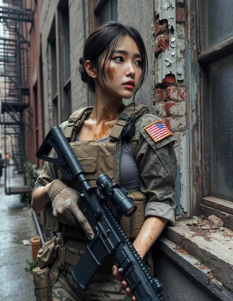 photorealistic、realistic skin texture、automatic rifle、