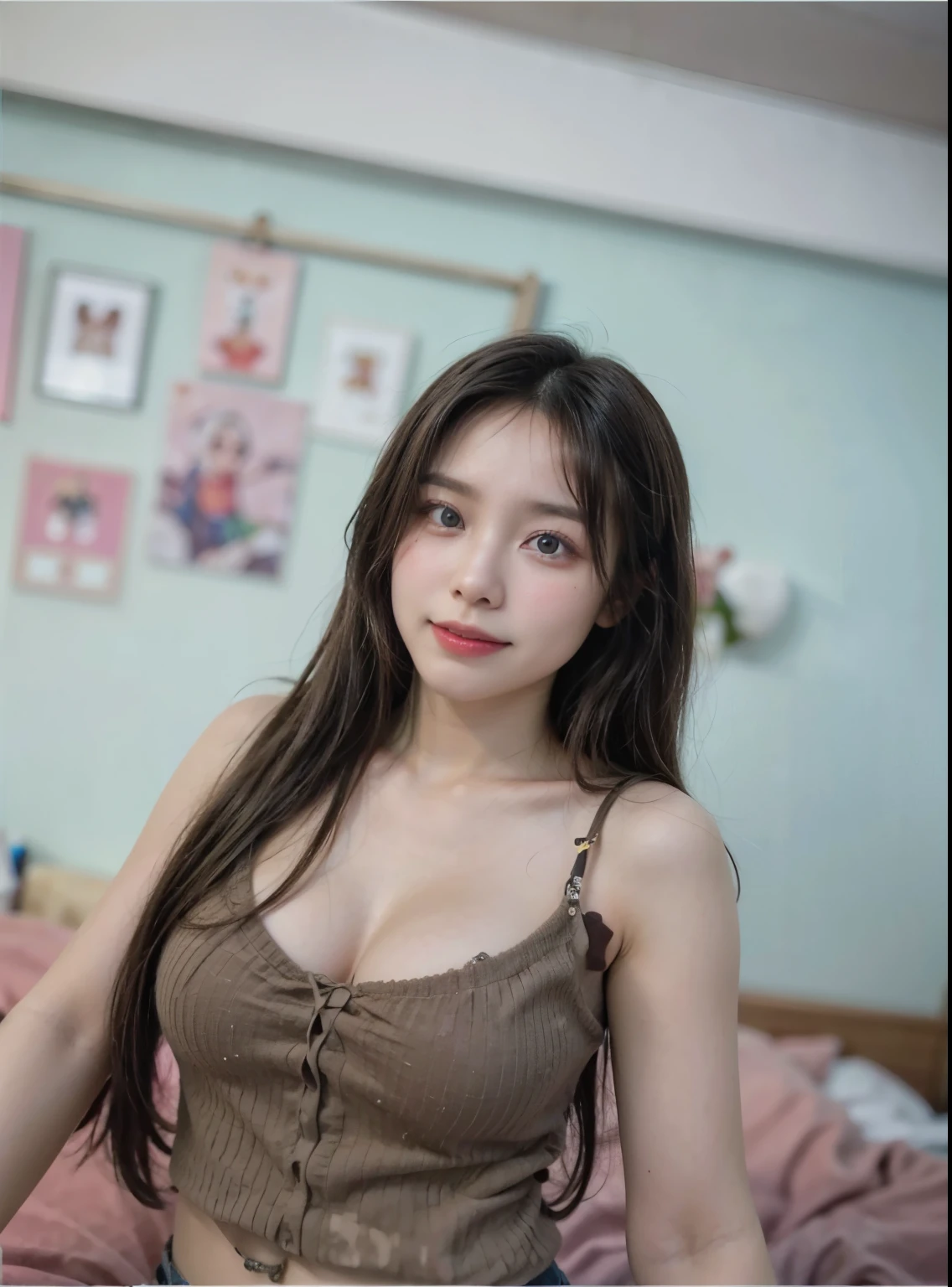 (best quality,highres,masterpiece:1.2),ultra-detailed,realistic:1.37,8K high-resolution photograph,full-body shot,exquisite skin,beautiful breasts,modest yet provocative attire,long brown hair,perfectly detailed face with 8K resolution,straigh hair,smiling, flawless facial features,perfectly shaped lips,full-body shot,gorgeous body line, flawless nose,beautiful eyes with intricate details, seductive expression,stunning girl,26-year-old Japanese woman,face tilted up,blushing face,cool beauty,full-body shot from head to toe,long legs,standing posture,highlighting the legs,perfectly shaped fingers,curvaceous body